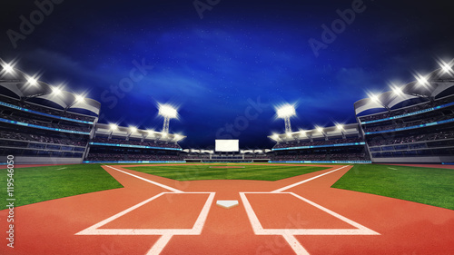 Photography modern baseball stadium pitch with fans and green grass