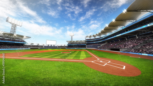 baseball stadium with fans at sunny weather