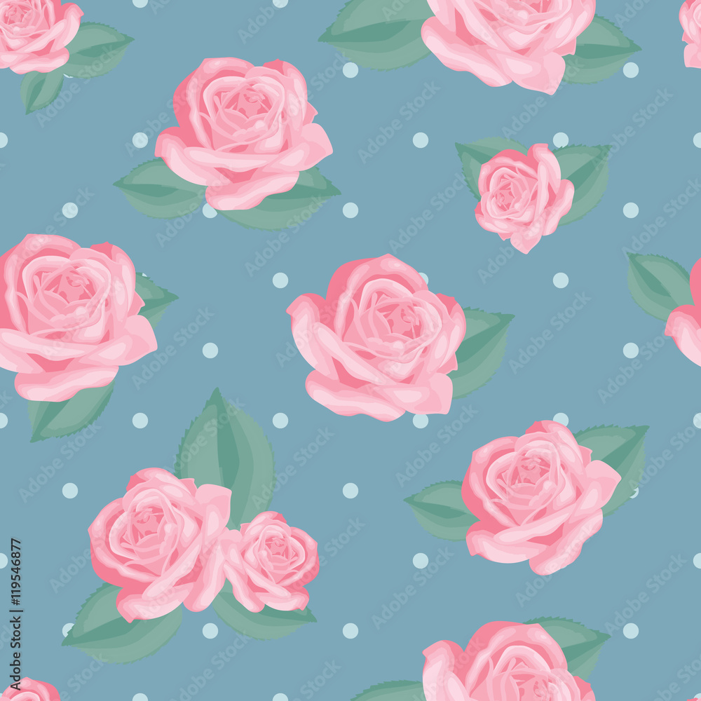 Pink roses with leaves on vintage blue polka dot background.