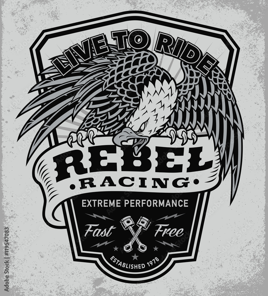 Rebel racing eagle crest shield t-shirt graphic Stock Vector