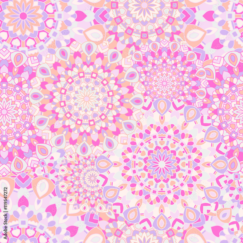 Ethnic seamless pattern. Round pink Eastern