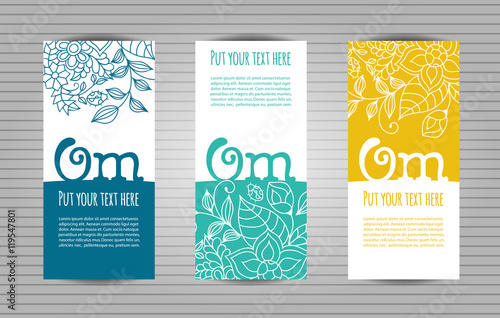 Om mantra lettering with floral pattern long flyer. Yoga and meditation studio long flyer or trifold templates.