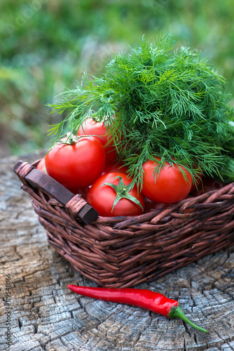 Basket and wooden plate with fresh vegetables (tomatoes, cucumbe