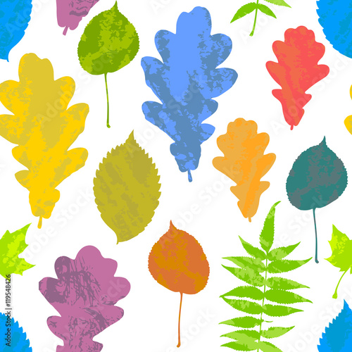 Floral seamless pattern with autumn grunge yellow, red, orange, green, blue tree leaves on white background. Maple, Elm, Oak, Aspen textured leaves. Vector illustration.