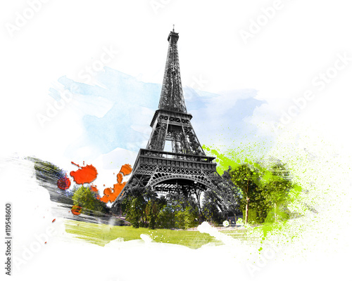Eiffel tower - tour, Paris, France. Art with brushes and watercolors.