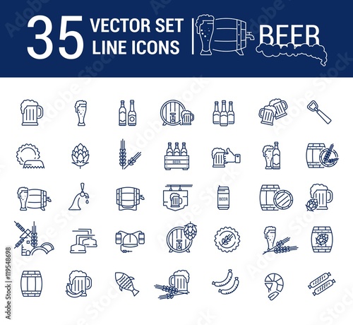 Vector set on the subject of beer and brewing in a linear design