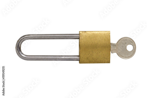 hinged lock with a key isolated on white background photo