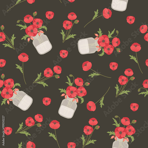Fototapeta Naklejka Na Ścianę i Meble -  Poppy flowers in mason jars. Seamless vector pattern