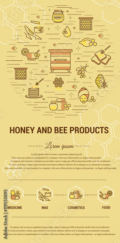 Flat line illustration of honey and bee products for card, advertising flyer , poster. Concept for catalog design, illustration for advertising cards and printed materials. Template for banner.