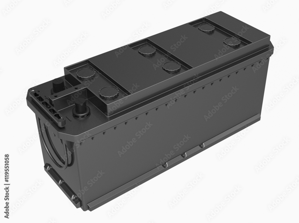 3D black truck battery with black handle on white with black terminal covers 3D black truck battery with black handle on white with black terminal covers