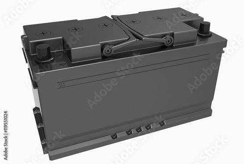 3D black truck battery with black handles on white with black terminals