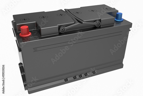 3D black truck battery with black handles on white with blue and red terminals