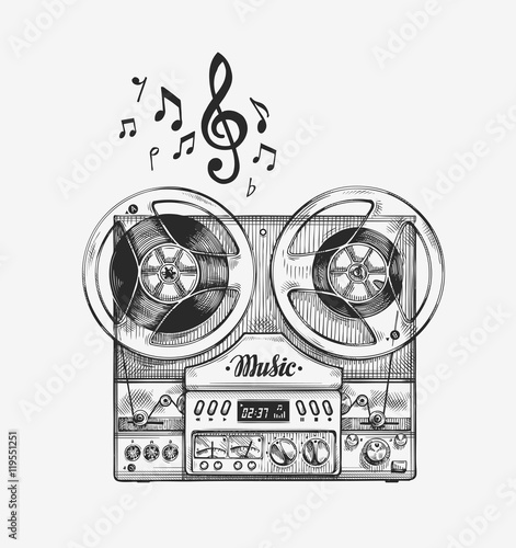 Hand-drawn vintage reel to  tape recorder. Sketch music. Vector illustration