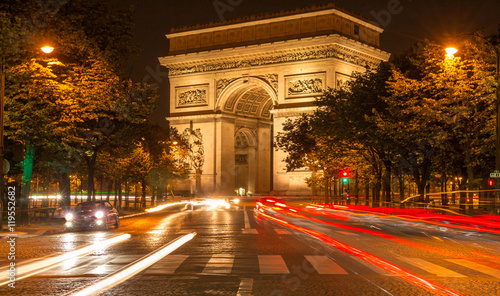 the Triumphal Arch at night, Paris.
