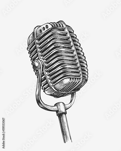 Hand-drawn vintage microphone. Sketch karaoke. Vector illustration