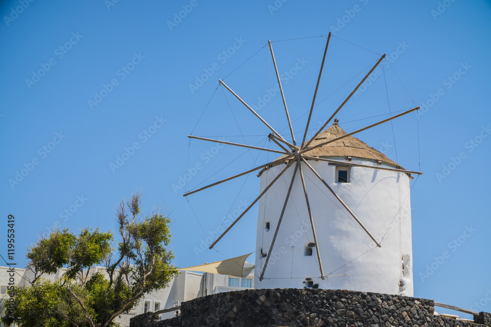 the old white mill on a bright Sunny day in Greece