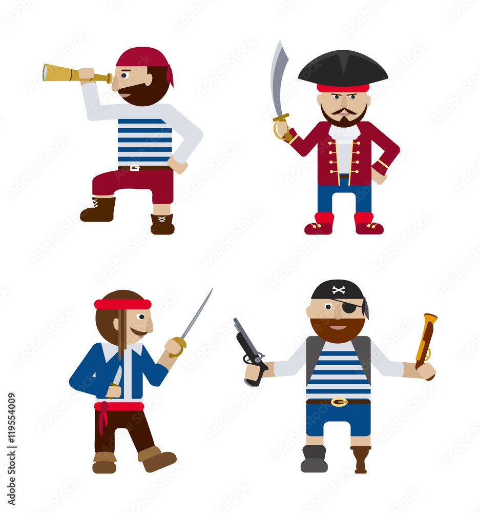 Obraz premium Set of funny pirates flat cartoon vector