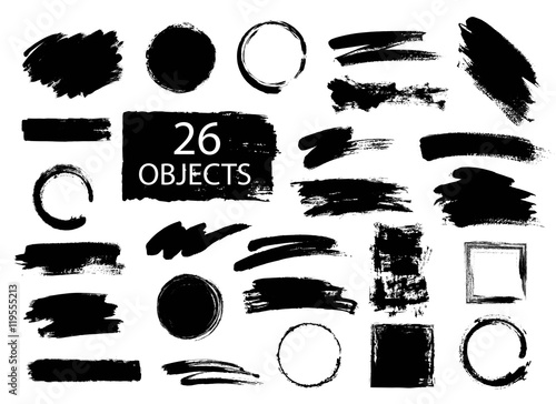 Set of hand drawn brushes and design elements. black paint, ink brush strokes. Grunge circle, square. Artistic creative shapes. Vector illustration. photo