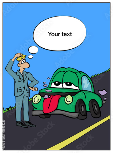 Advertisement for auto parts store. A man near the green car on the road. Broken car. Part 1 of Comics
