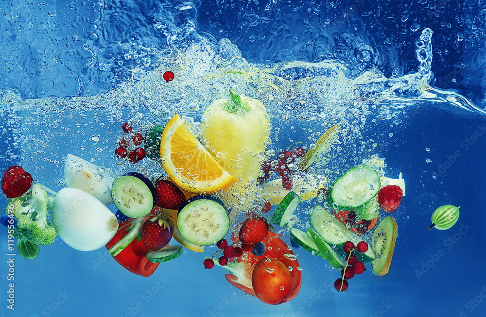 Vegetables and fruits falling into water on color background Stock Photo Adobe Stock