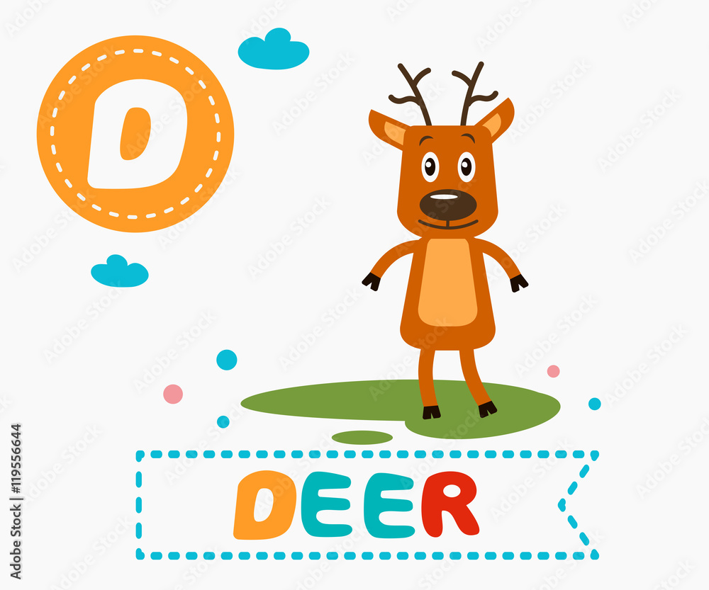 Hand drawn letter D and funny cute deer