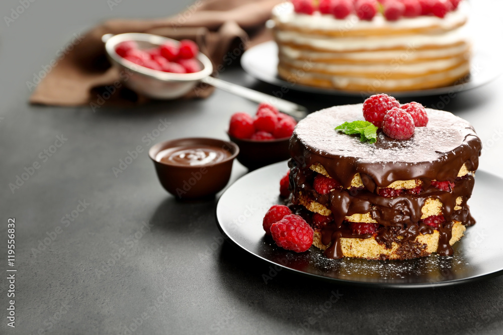 Tasty raspberry cake on grey background Tasty raspberry cake on grey background