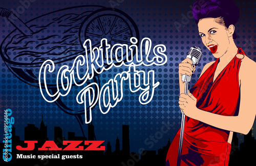 Vintage poster with woman singer and cocktail vector design template