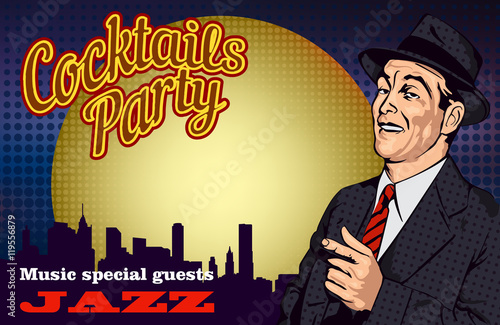 Retro poster with men and cocktail and cityscape.