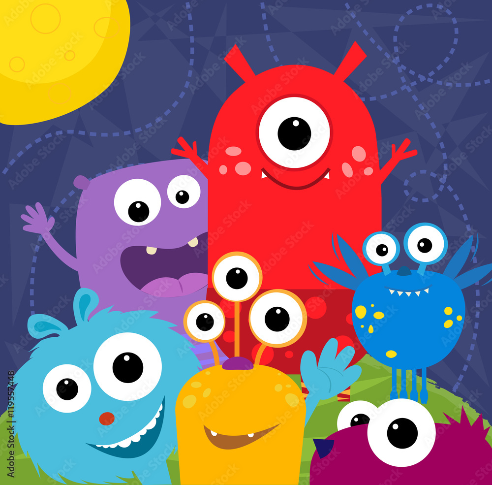 Happy Monsters - Colorful and cute monsters greeting card design. Eps10