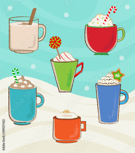 Holiday Cups - Vector set of six winter holidays mugs with hot drinks. Eps10