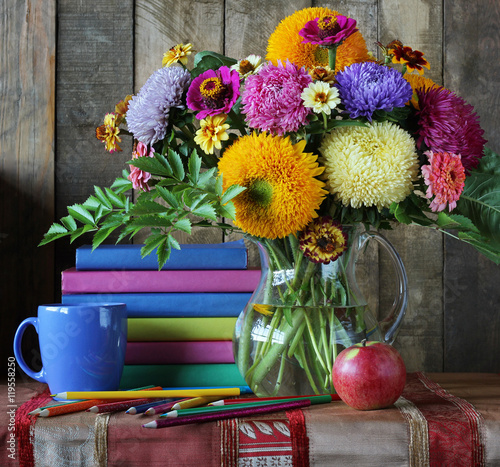 Bouquet and book. Back to school.