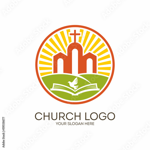 Church logo. Christian symbols. The Church of Jesus, the Bible and the Holy Spirit.