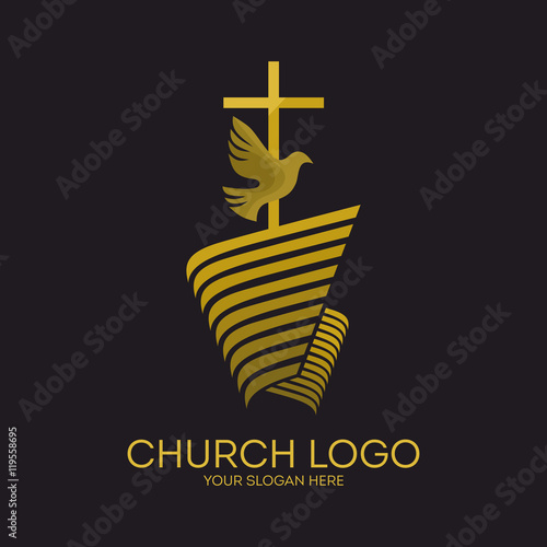 Church logo. Christian symbols. Jesus cross and dove, Holy spirit.