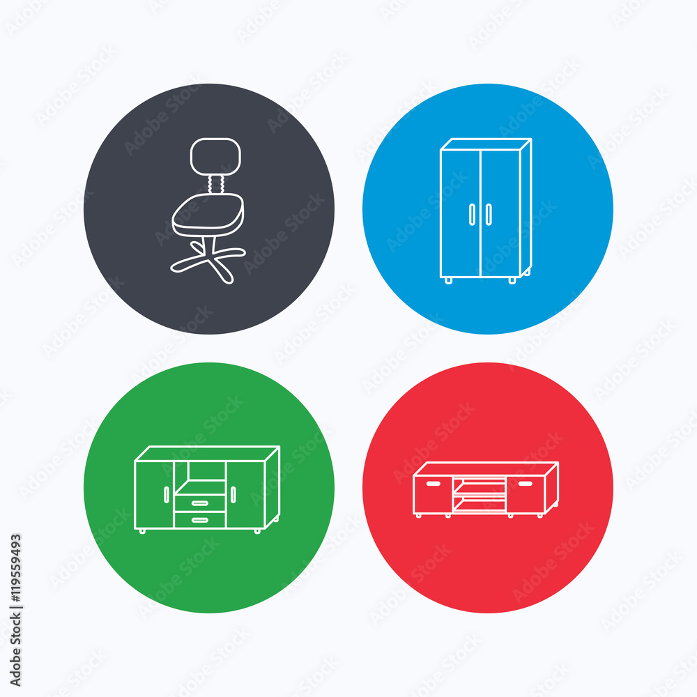 Cupboard, TV table and office chair icons. Cupboard, TV table and office chair icons.