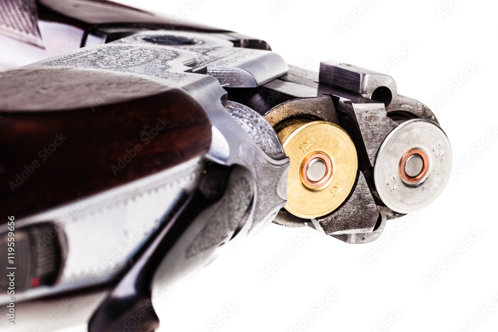 Obraz premium Loaded shotgun on white
