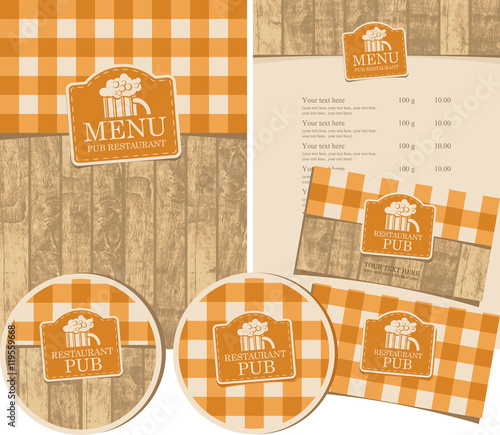 set of elements for design pub with a tablecloth with wooden planks and glass of beer