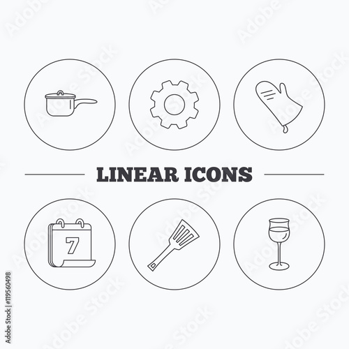 Saucepan, potholder and wineglass icons.