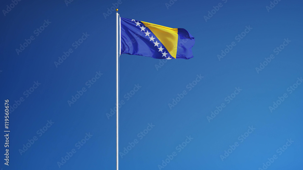 Bosnia and Herzegovina flag waving against clean blue sky, long shot, isolated with clipping mask alpha channel transparency, perfect for film, news, digital composition
