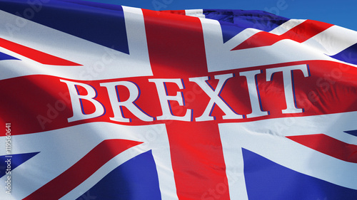 Great Britain Brexit flag waving against clean blue sky, close up, isolated with clipping mask alpha channel transparency with black and white matte, perfect for film, news, digital composition