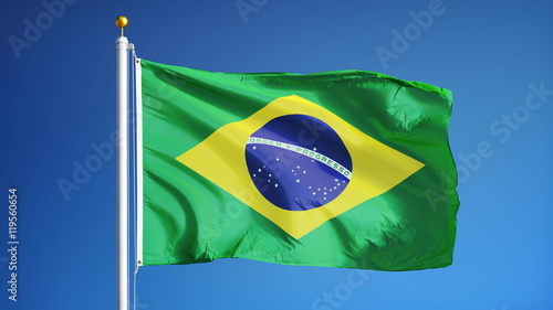 Brazil flag waving against clean blue sky, close up, isolated with clipping mask alpha channel transparency, perfect for film, news, digital composition