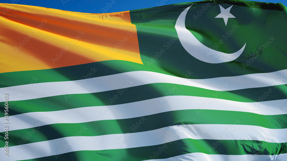 Obraz premium Azad Kashmir flag waving against clean blue sky, close up, isolated with clipping mask alpha channel transparency, perfect for film, news, digital composition