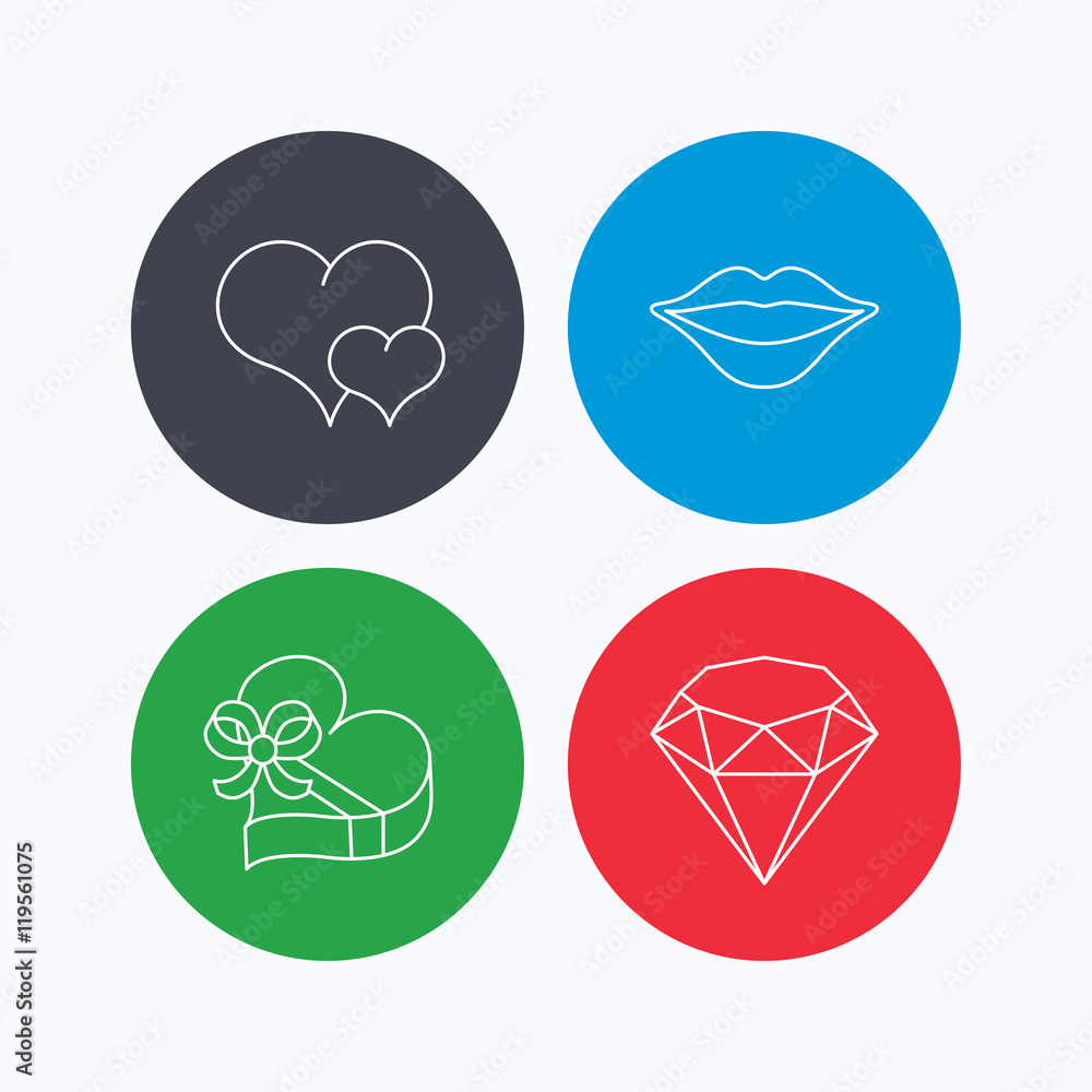 Love heart, brilliant and gift box icons.