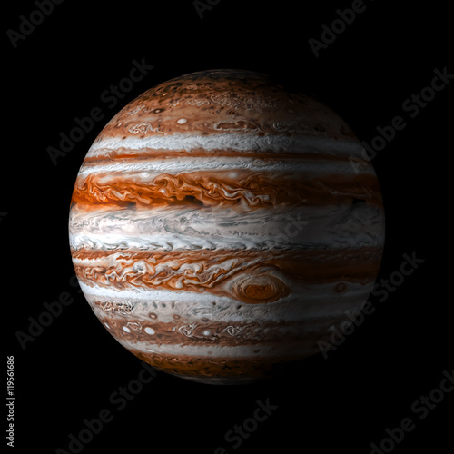 Fototapeta Naklejka Na Ścianę i Meble -  Jupiter Solar system planet on black background 3d rendering. Elements of this image furnished by NASA