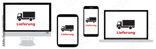 Lieferung - Set bestehend aus Laptop, Tablet, Smartphone und PC auf Transparenz