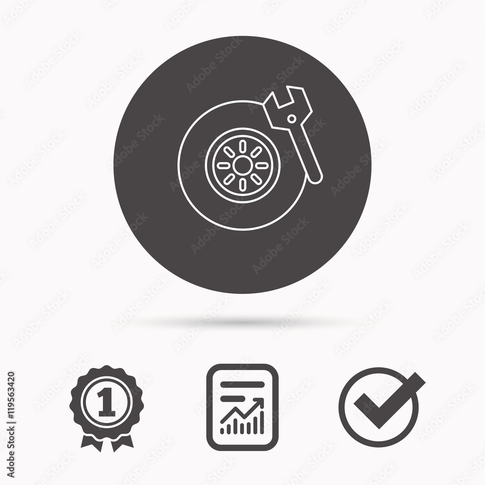 Tire service icon. Wheel and wrench key sign. Tire service icon. Wheel and wrench key sign.