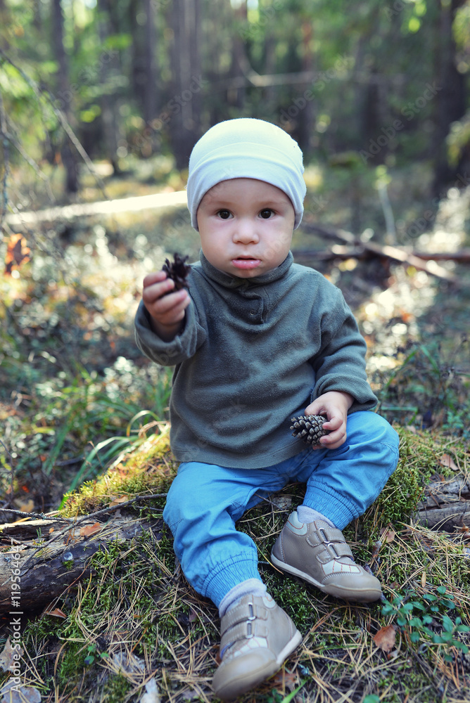 Funny little boy playing with pine cones sitting on the floor Funny little boy playing with pine cones sitting on the floor