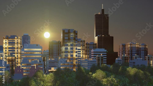 Fantastic big sun rises over abstract city downtown with modern high rise buildings skyscrapers and park at early dawn. Time lapse. Realistic 3D animation rendered in 4K