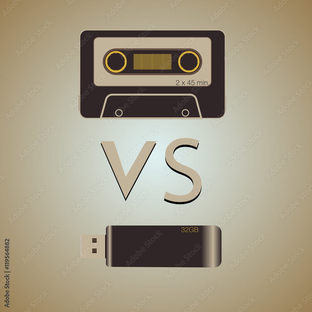 Audio cassette against usb flash vector old style, logo.