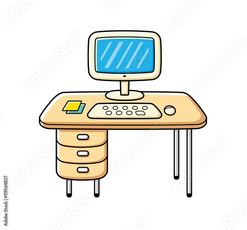 Computer on office table isolated, work place vector cartoon illustration.