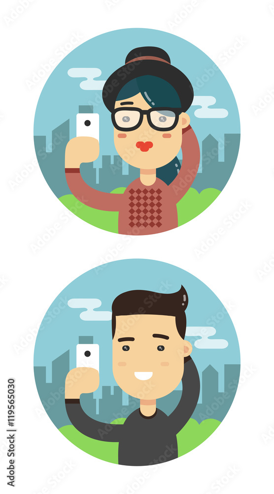 Selfie shot man and woman flat illustration. Vector taking a selfie people set